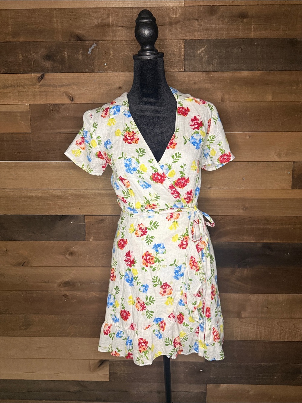 Charles Henry White Floral Wrap Mini Dress with Multicolor Blooms